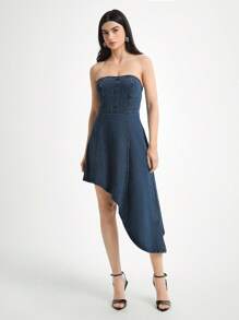 Daynim 女式休闲无袖不对称牛仔连衣裙 - 深色水洗藍 - 查看 4