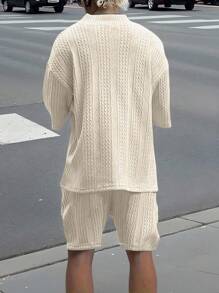 Manfinity RSRT 男士休闲复古印花T恤和短裤套装，夏季男士两件套夏季男士两件套男士夏季服装男士两件短裤套装麻花针织两件套 - 杏色 - 查看 2