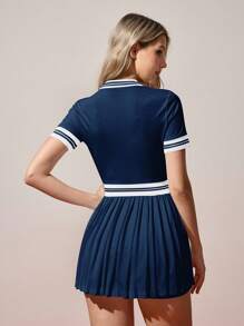 CourtClass Contrast Stripe Pleated Hem Sports Dress Pleated Tennis Dress Tennis Dress With Pockets Short Sleeve Tennis Dress Polo Tennis Dress Women Tennis Apparel Polo Dress Women Women Tennis Dress Tennis Skirt Sets - Navy Blue - View 2