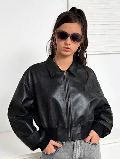 SHEIN Teenage Girls' Solid Color Turndown Collar Long Sleeve Cropped Loose PU Leather Jacket,In Fall/Winter