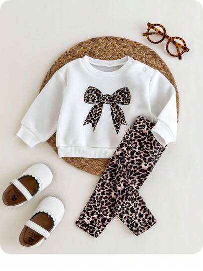 SHEIN Newborn Leopard Print Bow Fleece Hoodie And Leggings Set Baby Girl Leopard Outfit Leopard Print Baby Girl Outfit Bow Baby Girl Outfit Fall Clothes Winter