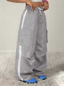Coolane Kids Tween Girls Fall/Winter Streetwear Sport Basic Flap Pocket Side Drawstring Waist Parachute Grey Cargo Pants - Grey - View 3