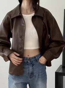 DAZY 秋季新款宽松休闲返校PU皮夹克女式外套 - 棕色 - 查看 4