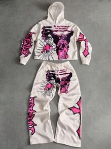 PAVTROS Manfinity Streetrush Men's Angel Heart Graphic Digital Print Short Hoodie Set, 2000s Style - Multicolor - View 1