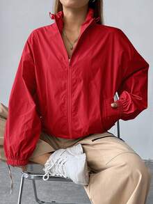 SHEIN EZwear 女士编织纯色简约休闲长袖夹克红色夹克外套 Y2k 秋冬拉链夹克 - 紅色 - 查看 7