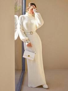 CLARA VERO Casual Turtle Neck Raglan Balloon Sleeve Solid Color Plain Pattern Oversize Loose Fit Cozy Warm Knitted Dress Button Detailed Cuffs Dress For Fall Winter For Women Outfits - Apricot - View 4