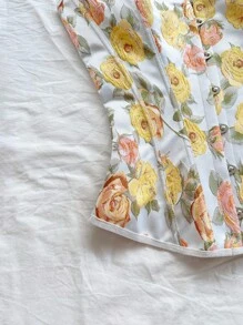 Soleia 女士复古宫廷风格彩色花卉提花印花抹胸短款上衣，配有纽扣和后系带 - 彩色 - 查看 3