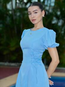 Andrea Bello 2025 Summer Wedding French Blue Regular Shoulder Puff Sleeve Ruched Waist Tie Side Fitted Elegant Romantic Vacation Dress