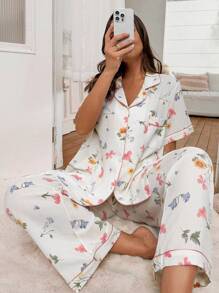 SHEIN Floral Print Lapel Cardigan & Bubble Chiffon Plus Size Pajama Set,Summer Pj Sets For Women - Multicolor - View 1