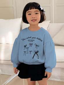 DAZY 女童圆领针织印花卫衣，秋季服装 - 藍色 - 查看 3