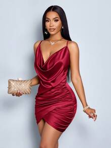 SOLERSUN Elegant Solid Color Draped Collar Backless Ruched Satin Party Bodycon Short Dress - Burgundy - View 4