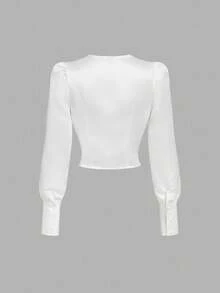 SHEIN MOD Blusa elegante de mujer con parches de encaje y mangas abullonadas de unicolor