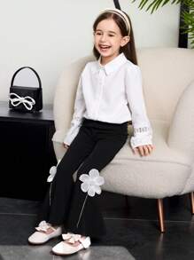 Young Girl Floral 3D Decor Flare Leg Pants - Black - View 7