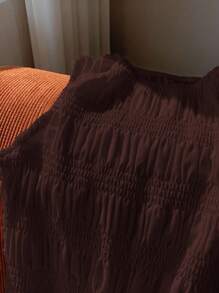 SHEIN EZwear 棕色亚麻荷叶边下摆休闲度假迷你连衣裙 - 棕色 - 查看 7