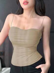 DAZY Built-In Padded Ruched Design Fitted Camisole Tank Top Crop Women Tops - Olive Green - View 5