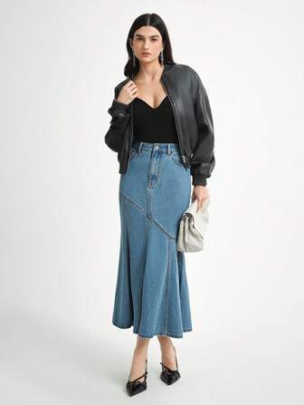 Daynim Women's Casual Commuter Fish Tail Denim Skirt