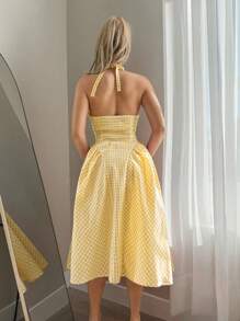 Sweetina 夏季优雅格子露背挂脖连衣裙 - 黃色 - 查看 2
