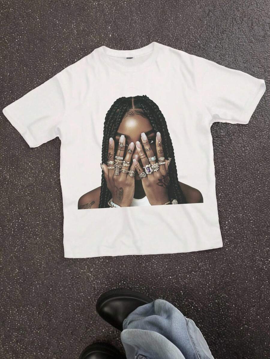 SHEIN 街头风格的图案 T 恤，复古，垃圾摇滚，少女休闲印花，适合夏季的短袖 T 恤，返校季，2000 年代风格，清凉夏日，度假氛围白色图案 T 恤 Y2k 图案 T 恤图案 T 恤婴儿 T 恤青年白色 T 恤 - 白色 - 查看 1