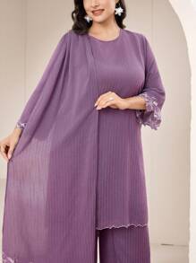 Modelyn Plus Size Women Solid Color Asymmetric Hem Long Sleeve Top And Pants Arabic Style 2 Pieces Set