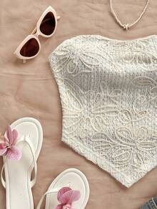 Soleia Áo hai dây dệt kim jacquard thêu viền màu xanh rêu dành cho nữ khi đi nghỉ - Màu be - Xem 5