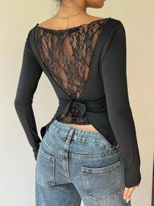 Siren Gaze Women's Lace Patchwork Bow Back Slim Fit Long Sleeve Off Shoulder Black Sexy Top Lace Top See Through Top Long Sleeve Top Women Top,Boho Women Clothing,Black Lace Top,Y2k Clothes Women,Fall Clothes,Back To School Clothes,Going Out Tops Winter