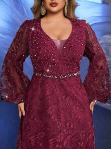 Glamrae 加大码花卉刺绣奢华水钻装饰灯笼袖优雅新娘妈妈礼服 - 酒紅色 - 查看 4