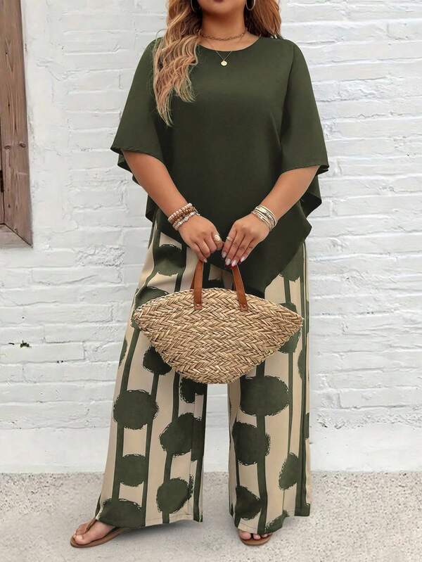 EMERY ROSE Plus Size Vacation Casual Solid Color Shirt And Striped Circle Printed Pants Set