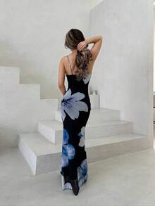 Jemour 女式花卉印花修身低胸垂領背心連衣裙，透明背部和細肩帶