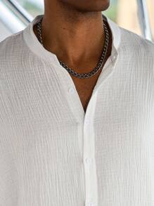 Manfinity Homme 轻盈棉质男士衬衫和短裤，宽松版型，适合夏日穿着，白色两件套沙滩装，复古舒适服装 - 白色 - 查看 6