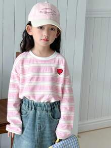 Dazy Kids Young Girls Casual Cute Striped Heart Print Long Sleeve T-Shirt