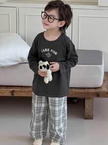DAZY 男童字母印花长袖上衣和格子裤睡衣套装 - 深灰色 - 查看 4