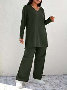 EURMUSE Plus Size Casual Solid Color Side Slit T-Shirt And Pants 2 Pieces Set - Army Green - View 5