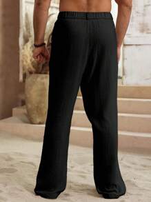 Manfinity RSRT Avant-Garde Long Black Plain Linen Pants For Men With Relaxed Fit And Zipper Detail, Fall - Black - View 2