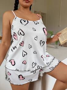 SHEIN Conjunto de pijama de camiseta de tirantes acanalada y pantalones cortos con estampado de corazones para mujeres de talla grande