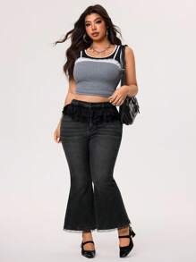 SHEIN ICON Quần jeans denim rách cỡ lớn có viền ren bất đối xứng và ống loe - màu đen - Xem 2