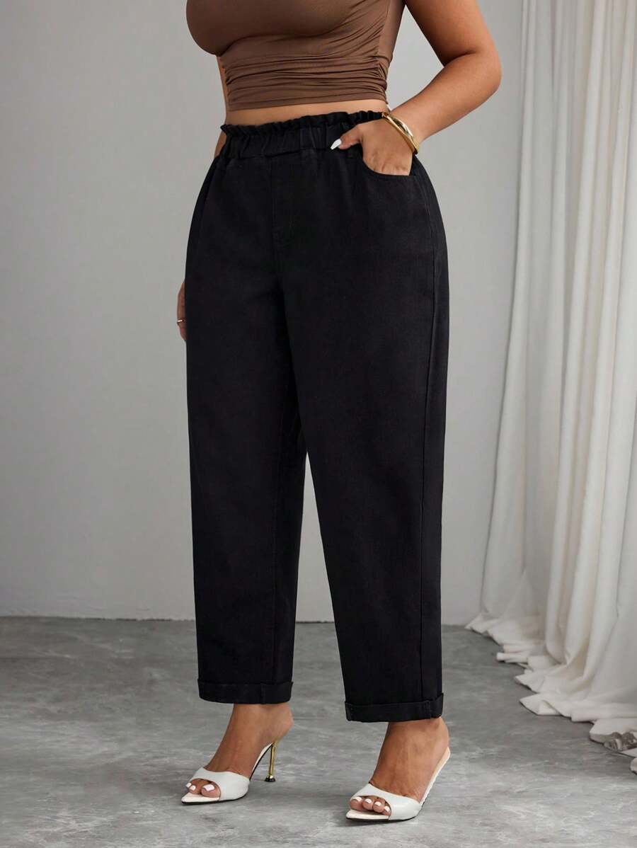 Elenzga Plus Size Women Frill Trim Waist Pocket Wide Leg Loose Casual Jeans - Black - View 1