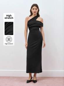 Maija Women's Solid Color Asymmetric Neck Simple Fitted Casual Dress Festival - Black - View 1
