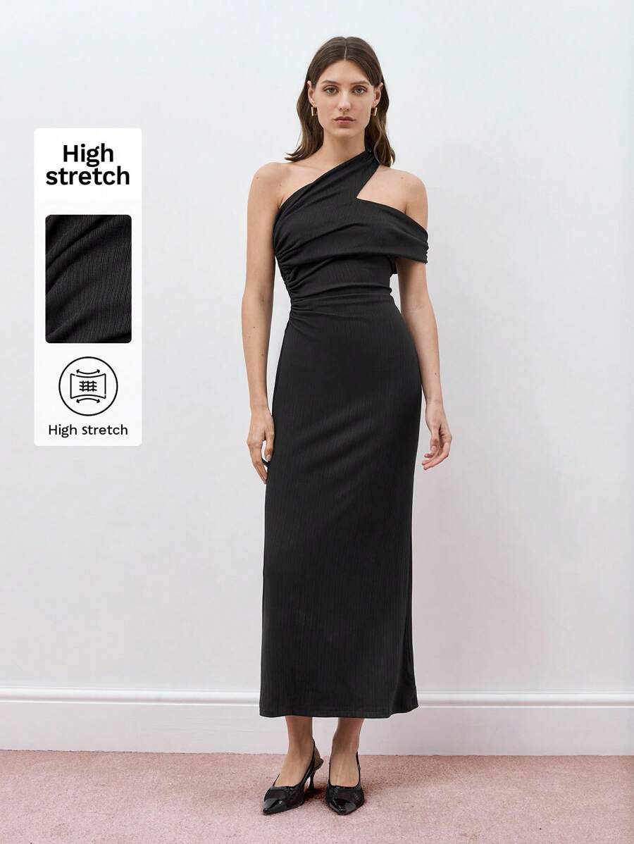 Maija Women's Solid Color Asymmetric Neck Simple Fitted Casual Dress Festival - Black - View 1