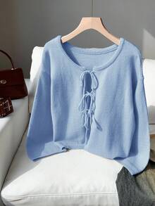 SHEIN EZwear 女士纯色圆领落肩长袖系带休闲毛衣秋冬系带上衣 - 藍色 - 查看 2