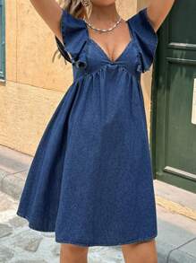 SHEIN Maternity Summer Casual Vacation Keyhole Neck Backless Tie Ruffle Armhole Bustier Denim Dress, Spring/Autumn