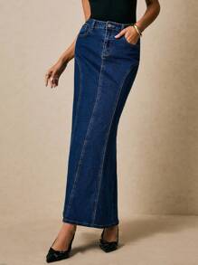 Poéselle 女式蓝色时尚拼接牛仔美人鱼裙女式牛仔裙牛仔长裙 - 深色水洗藍 - 查看 6