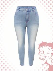 Betty Boop | ROMWE Quần Jeans Skinny Họa Tiết Hoạt Hình Cỡ Lớn - Màu xanh nhạt - Xem 3