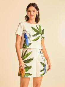 CAJUNI Women's White, Green Palm Tree & Blue Parrot Print Round Neck Short Sleeve Cropped Backless Summer Vacation Beach Casual Top - Multicolor - View 4