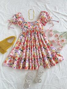 Soleia 女士度假彩色水彩花卉美学浪漫迷你连衣裙，配有系带，泡泡袖，方领，后背镂空，荷叶边下摆，A 字形轮廓，适合派对、情人节、约会、复活节、狂欢节、中国新年、海滩、游轮、春夏