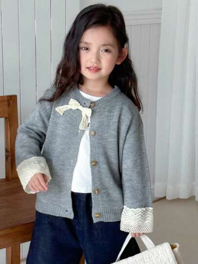 DAZY Jeune fille Cardigan casual avec nœud papillon et épaules tombantes, automne/hiver
