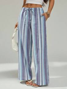 SHEIN PETITE Women's Long Woven Fabric Striped Casual Wide Leg Pants With Drawstring Waist
