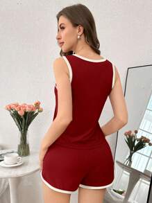 撞色装饰休闲背心和短裤女式睡衣套装