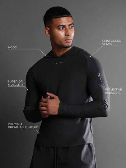 SUMWON 高性能长袖连帽 T 恤吸湿排汗肌肉健身训练上衣反光健身服跑步运动服健身必备慢跑运动休闲