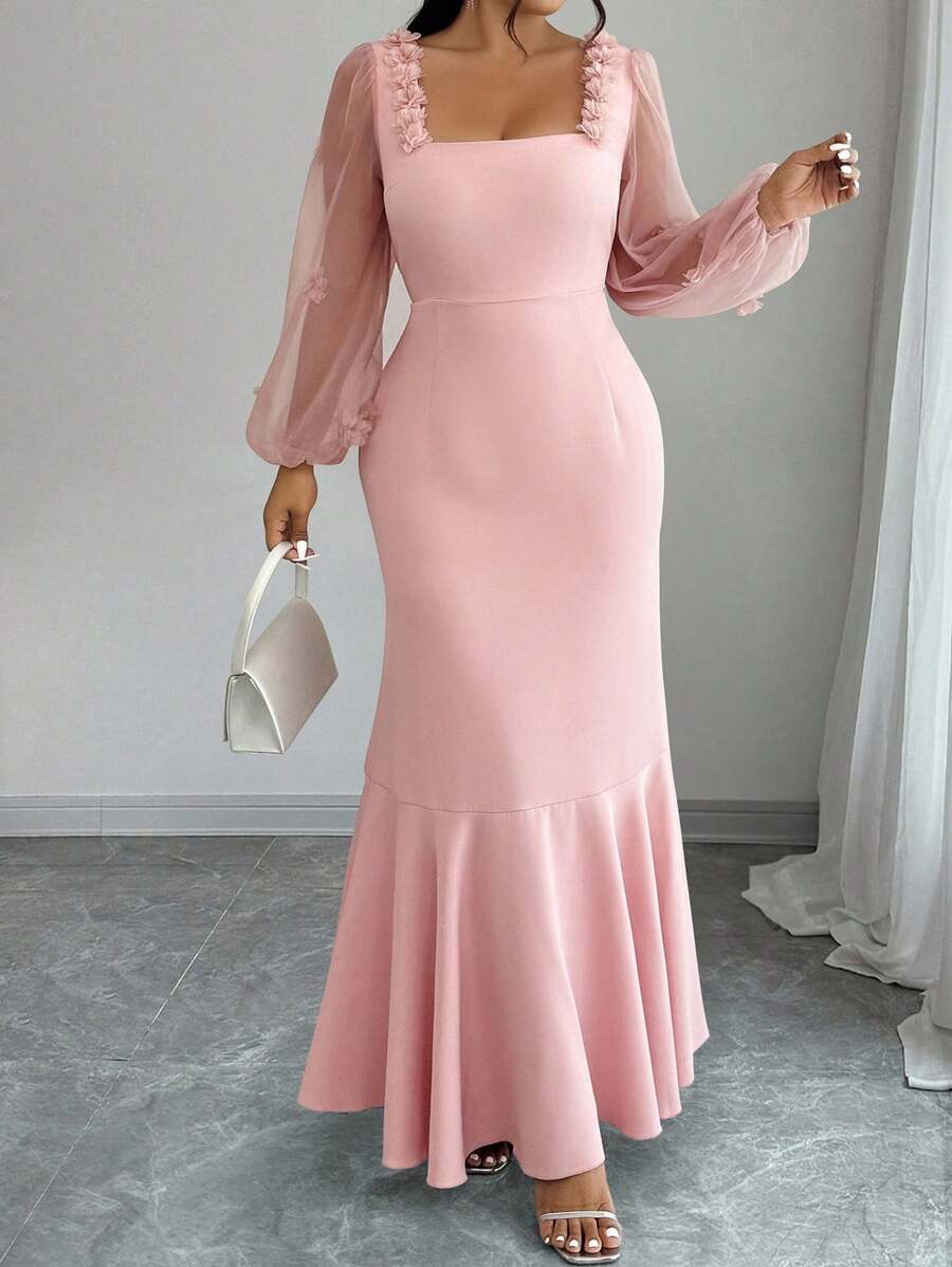 Elenzga Plus Size Solid Color Mesh Patchwork Square Neck Elegant Long Sleeve Dress Fall Cloth For Women