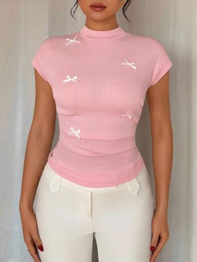 Rafferiza Fashionable & Versatile French Ruched Bow Knot Short Sleeve Top